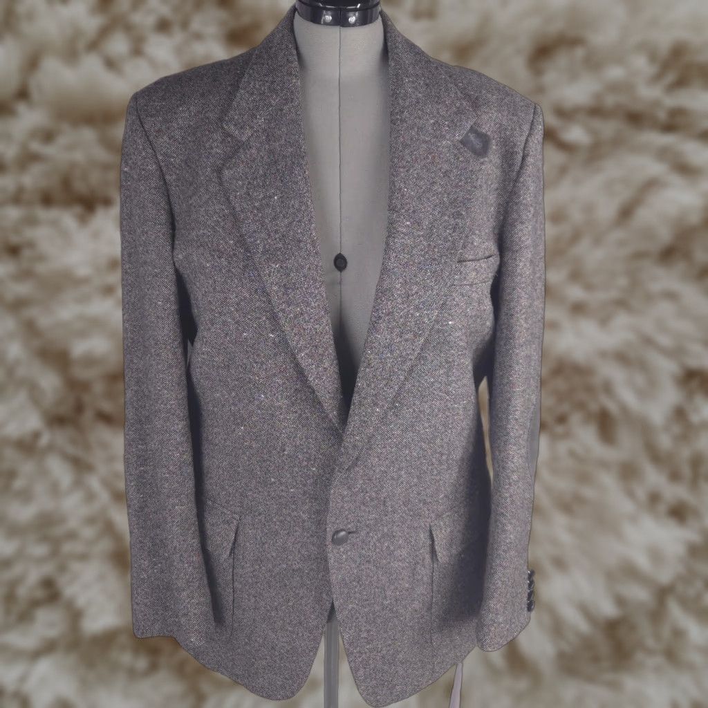 VINTAGE Farah Wool Sports Coat 44L Gray Tweed Blazer Elbow Patches 2 Button Donegal Mens