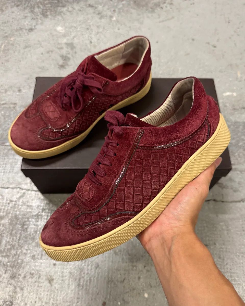 Bottega Veneta × Vintage Bottega Veneta Intrecciato Woven Suede Bordeaux Leather Low Sneakers Size US 7 / EU 40 - 1 Thumbnail