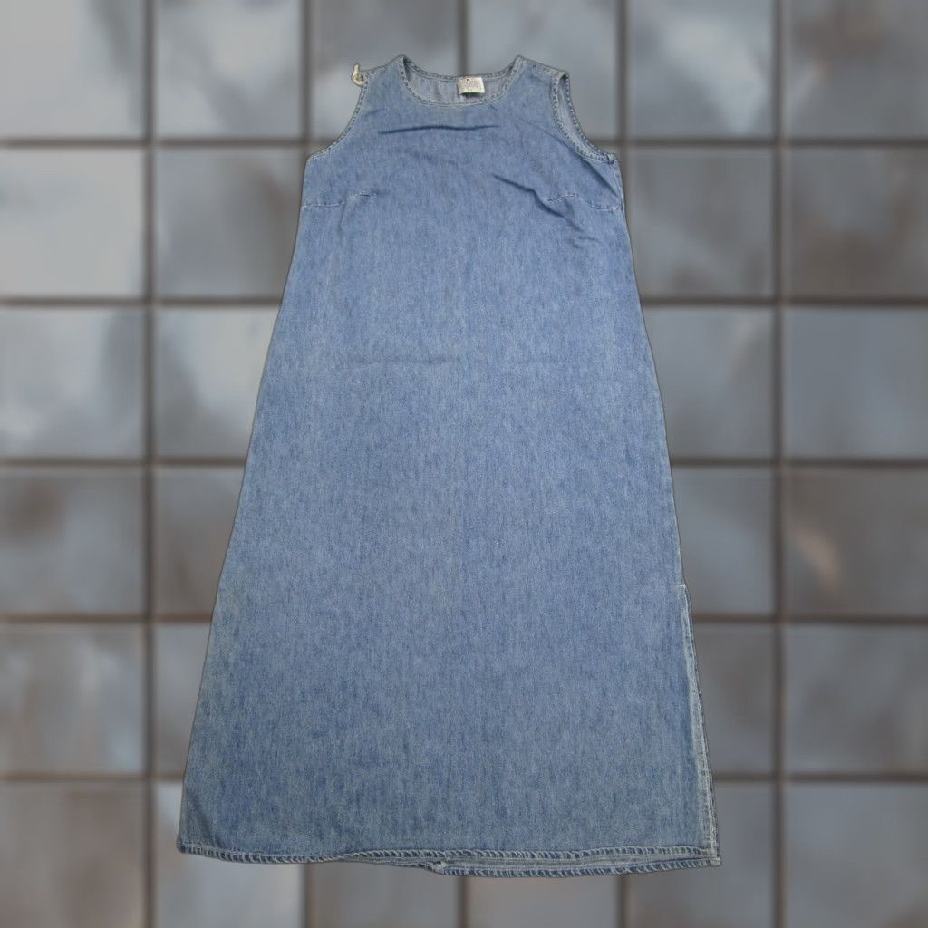 VINTAGE Denim Dress Womens 14 Cottagecore Prairie Jumper Overall Western  y2k Dress Maxi Tank Blue Denim
