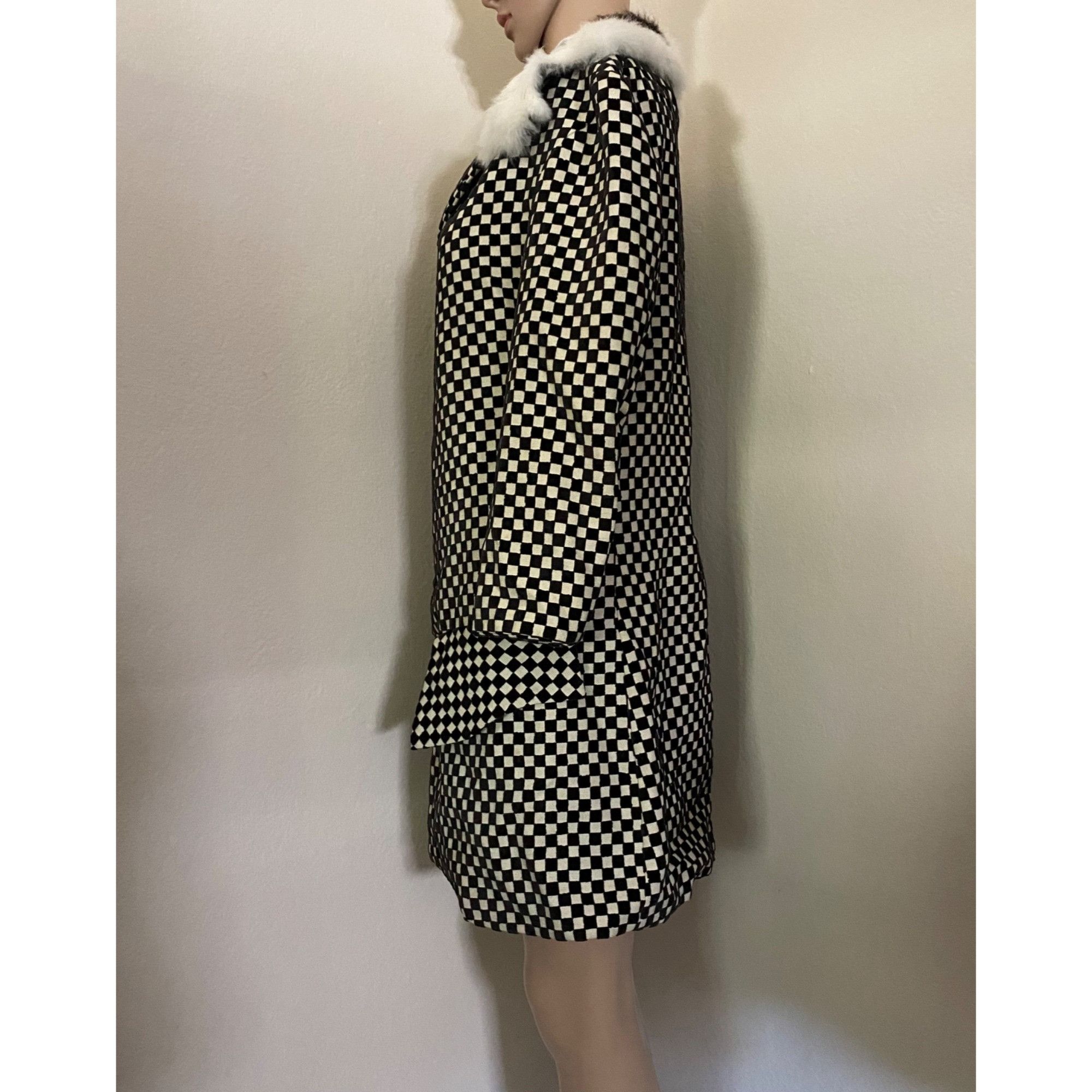 Vintage Rik Villa S 4 Jacket Coat Checkerboard Black White Fur Colla Size S / US 4 / IT 40 - 2 Thumbnail