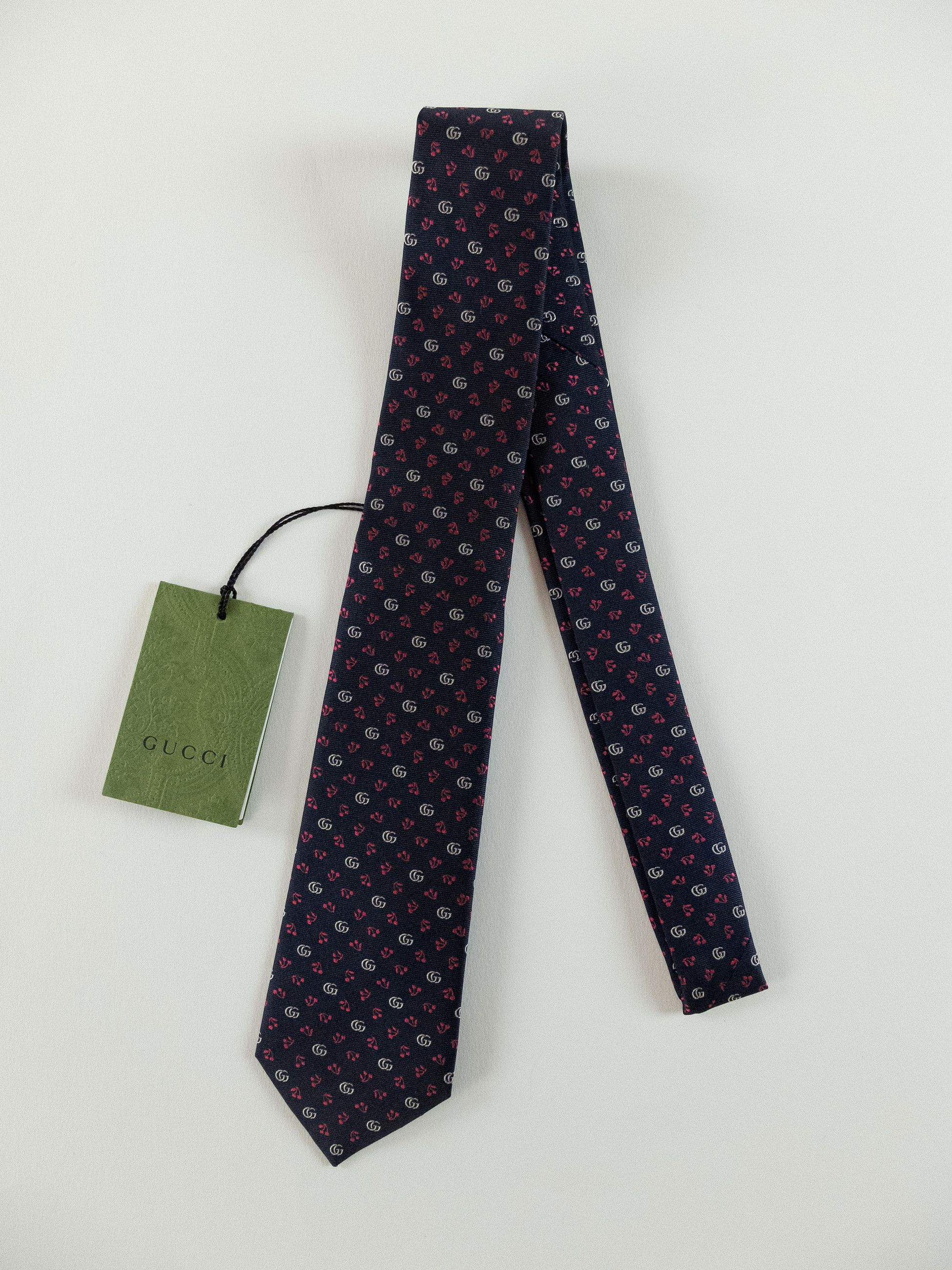 Gucci GUCCI navy blue cherry & interlocking G logo silk tie Size ONE SIZE - 1 Thumbnail