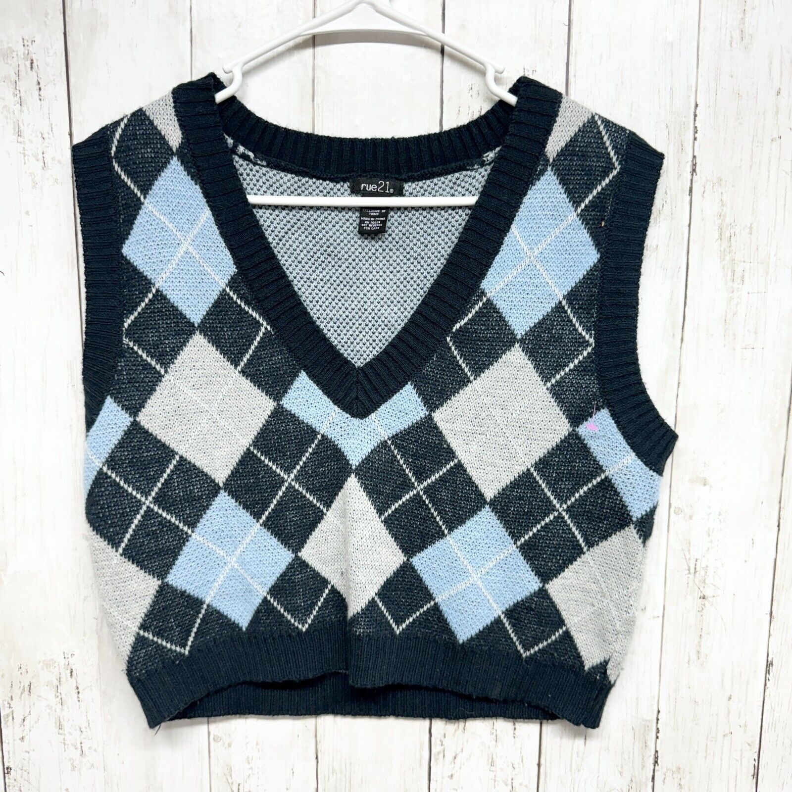 rue21 rue21 Vest LG Sleeveless Plaid Checkered Navy Trimmed Knit Size L / US 10 / IT 46 - 1 Thumbnail