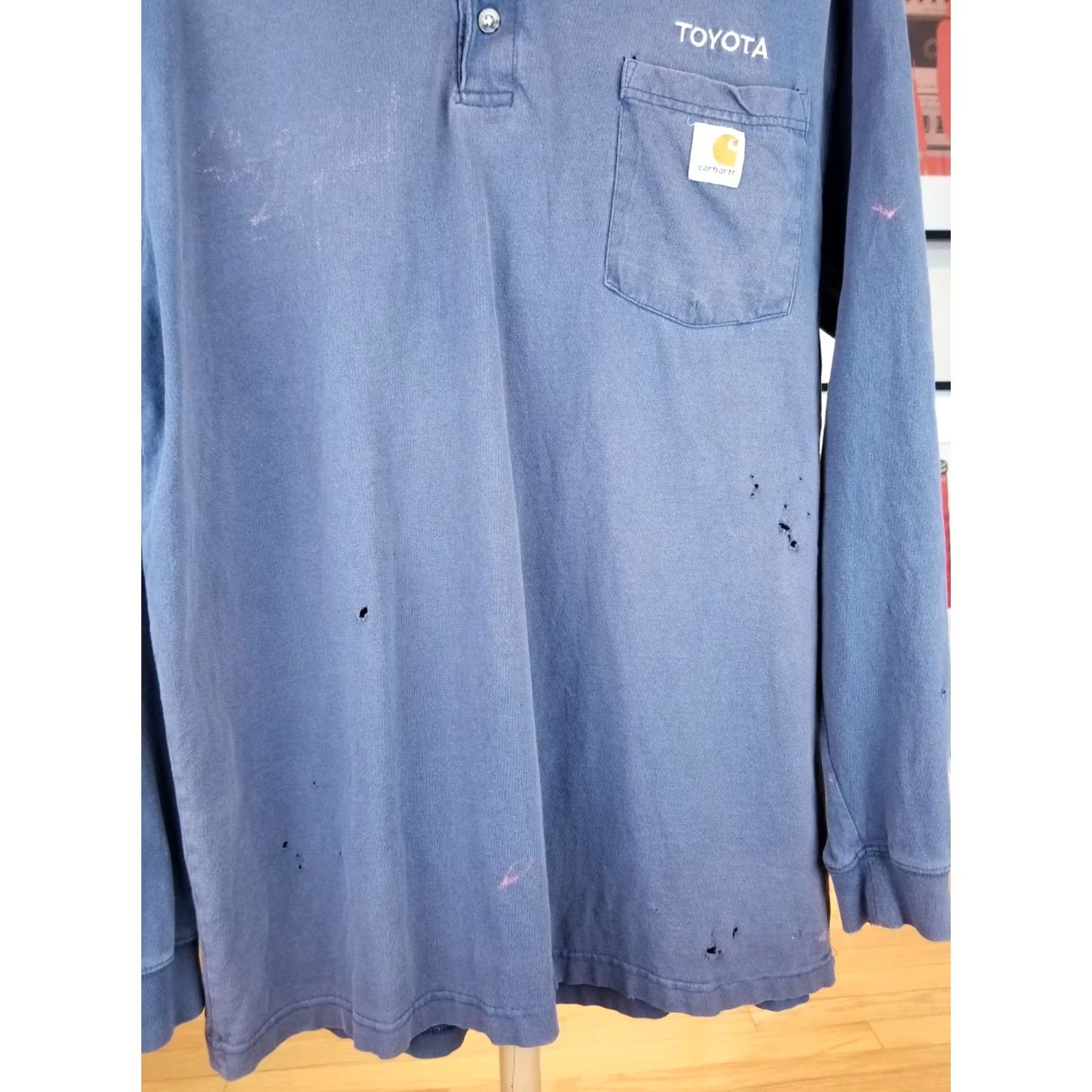 Carhartt VINTAGE Carhartt LONG SLEEVE T-SHIRT Polo Shirt Men L Blue One Pocket Trash**ed** Y2K Sun Fade Size US L / EU 52-54 / 3 - 3 Thumbnail