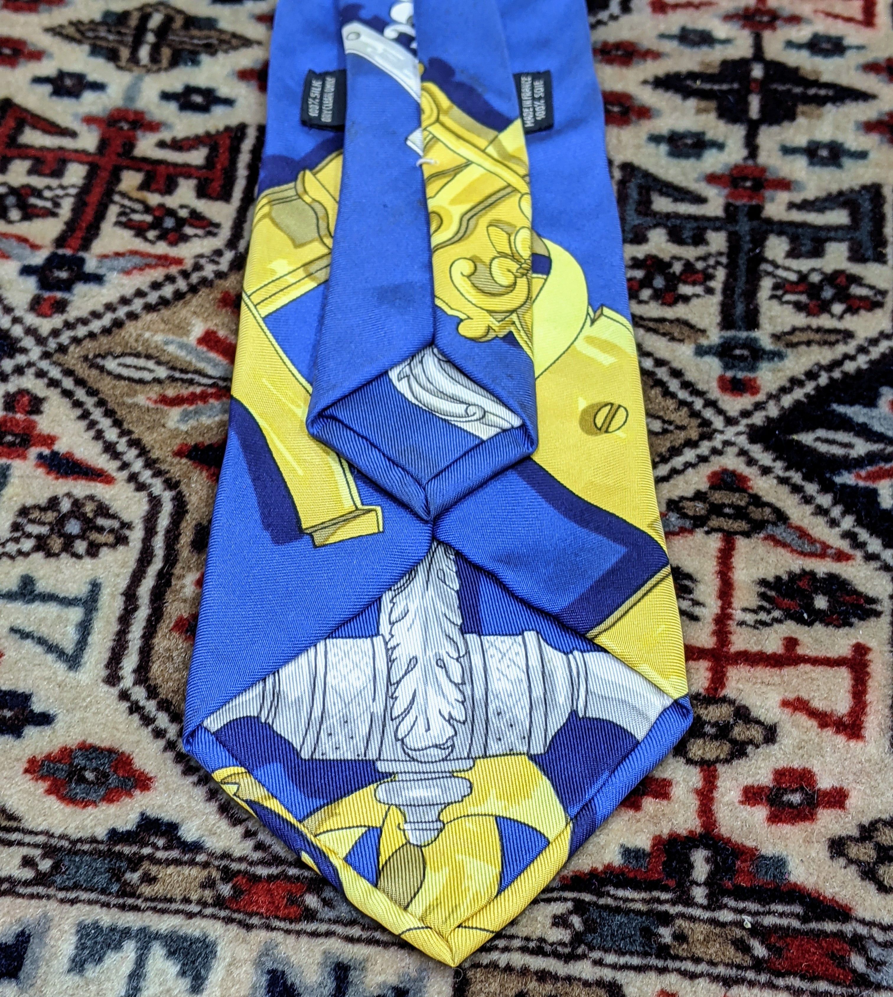 Hermes Hermes 💯 Silk Made in France Blue Yellow Tie Size ONE SIZE - 7 Thumbnail