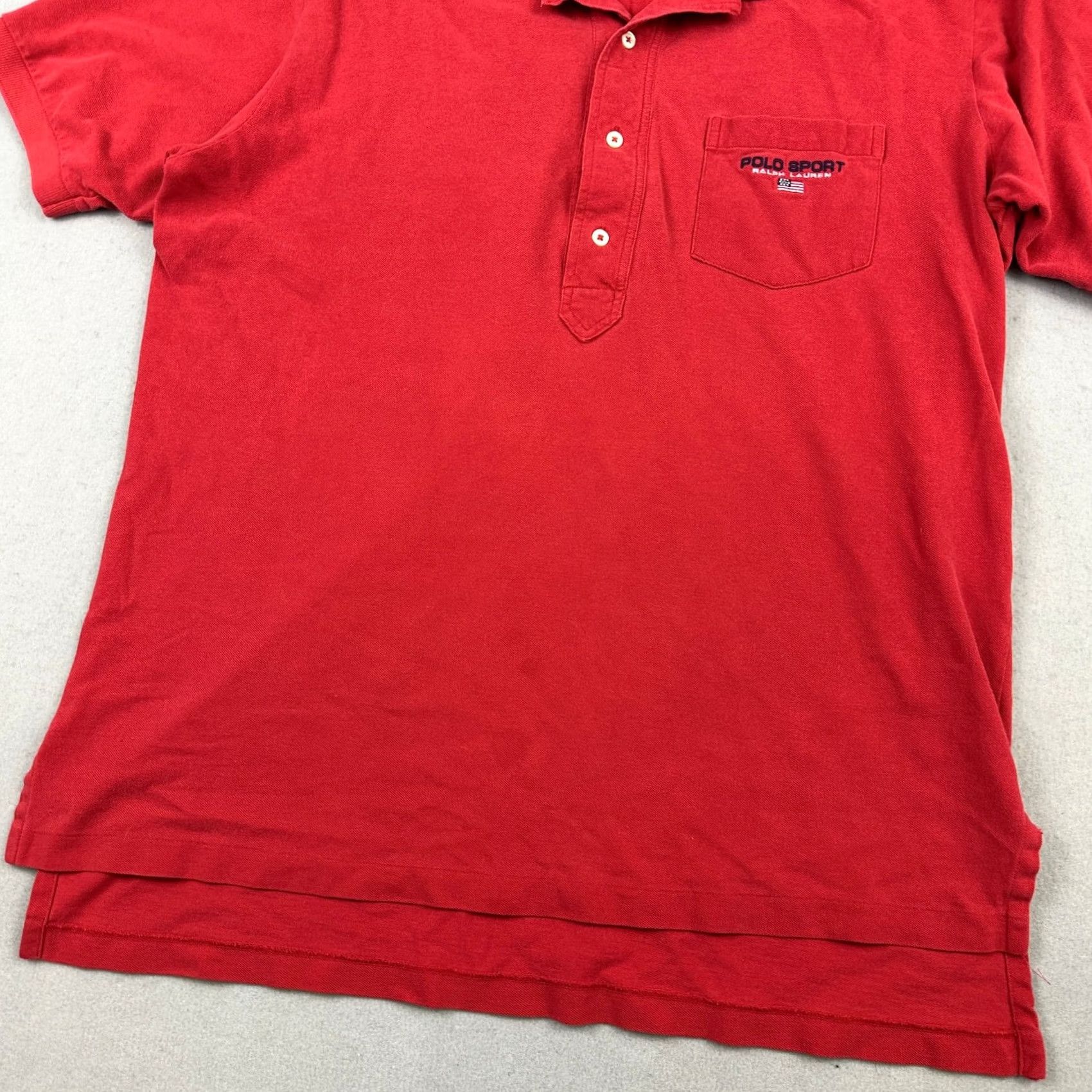 Vintage VINTAGE Polo Sport Shirt Men L Red Solid Pique Knit Flag Pocket 90s L * Size US L / EU 52-54 / 3 - 3 Thumbnail
