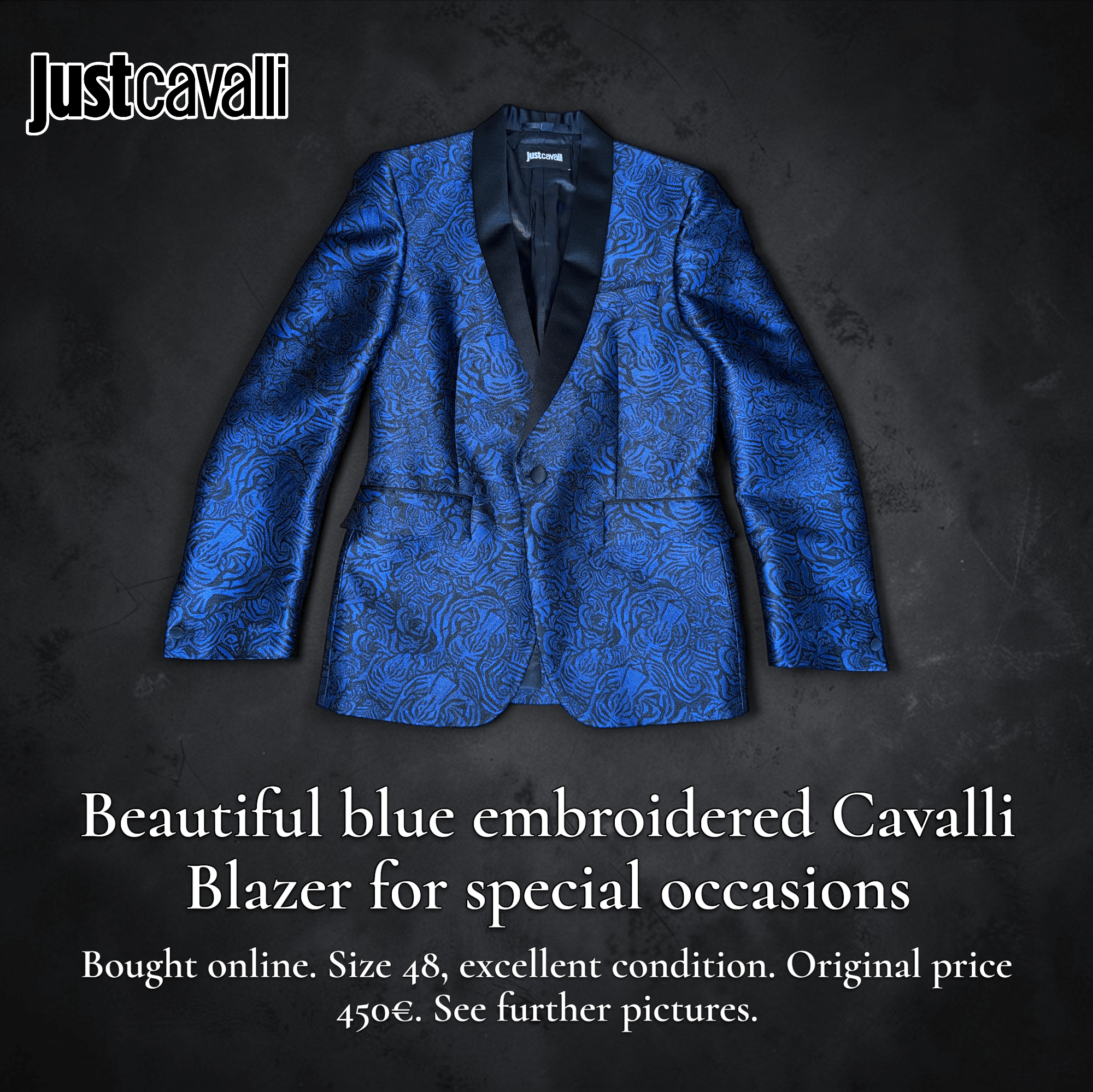 Just Cavalli 💎 Just Cavalli - Blue Embroidered Luxury Stand-Out Blazer Size 48R - 1 Thumbnail