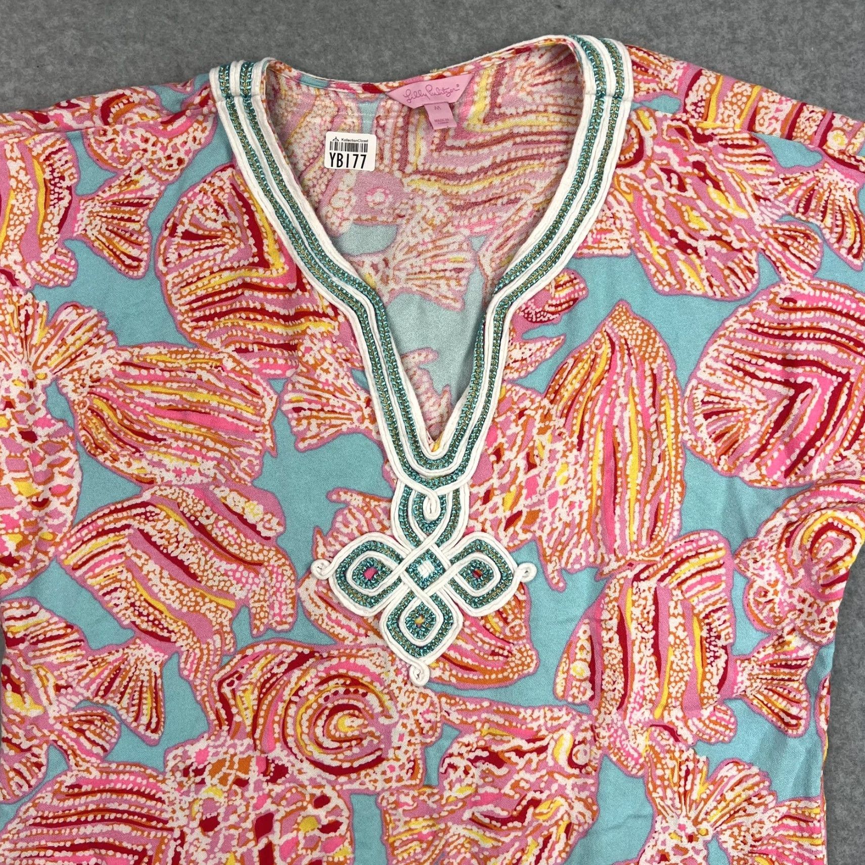 Lilly Pulitzer Lilly Pulitzer Dress Womens Medium Blue Pink Fish Print Beaded Tunic Coverup Dress Size M / US 6-8 / IT 42-44 - 4 Thumbnail