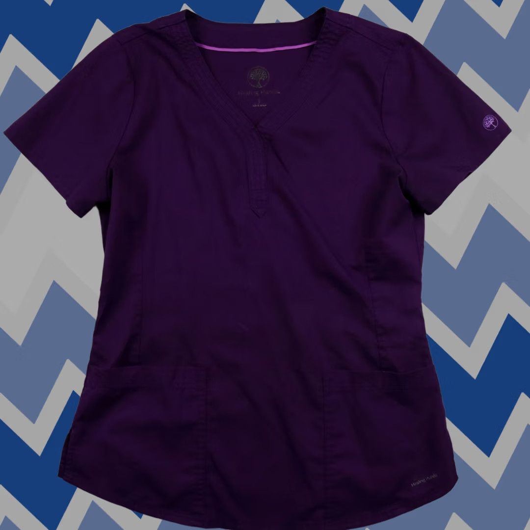 Vintage Healing Hands Scrub Top Womens Small V-Neck Medical Uniform Purple Short Sleeve Shirt Womens Small Purple Size S / US 4 / IT 40 - 1 Thumbnail