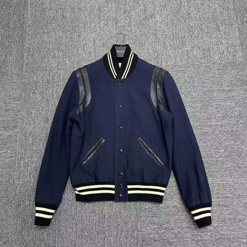 Saint Laurent Paris Blue Black Baseball Jacket with Leather Sleeves Size US L / EU 52-54 / 3 - 1 Thumbnail