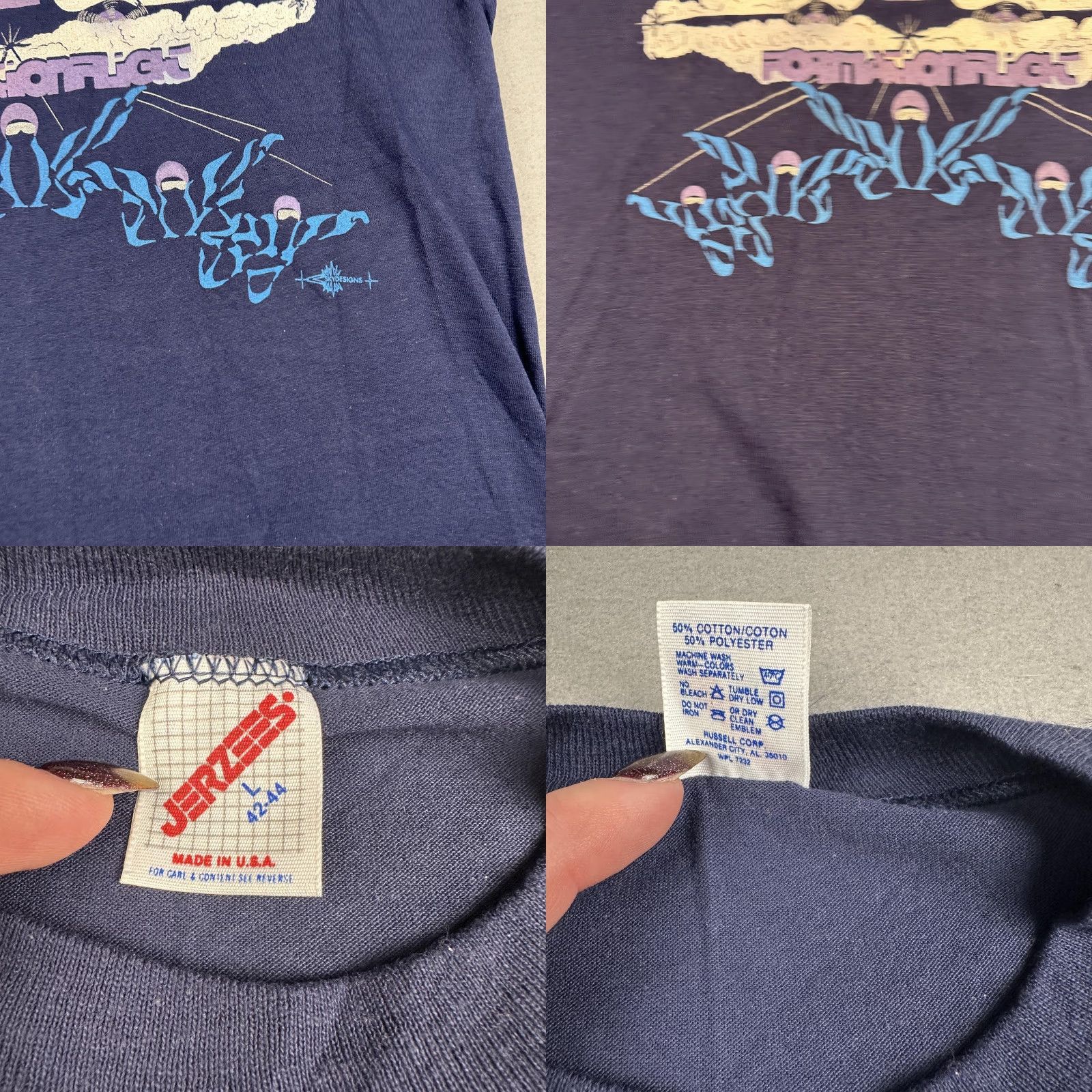 Jerzees VINTAGE Jerzees Formation Flight Graphic Shirt Mens Large Blue 80s Crew Neck Short Sleeve Cotton Polyester United States Size US L / EU 52-54 / 3 - 8 Thumbnail