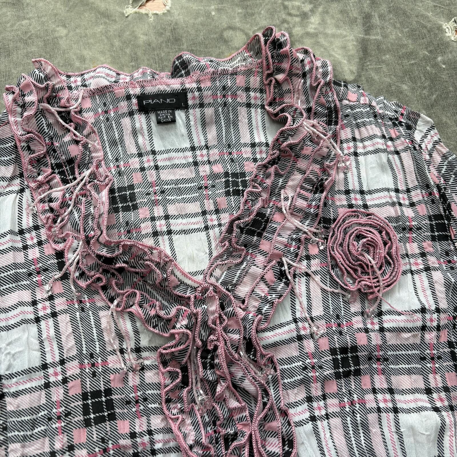 Vintage Vintage Y2K Pink Plaid Pleated Ruffled Rose Beaded Blouse Size L / US 10 / IT 46 - 2 Thumbnail