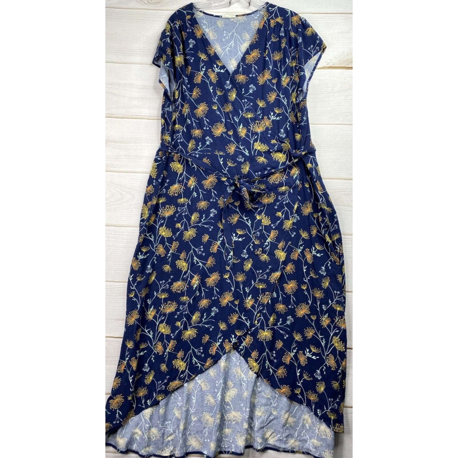 Vintage a.n.a Dress Wrap Floral Blue 1X Cap Sleeve V-Neck Midi Short Sleeve Rayon Womens Size XL / US 12-14 / IT 48-50 - 2 Thumbnail