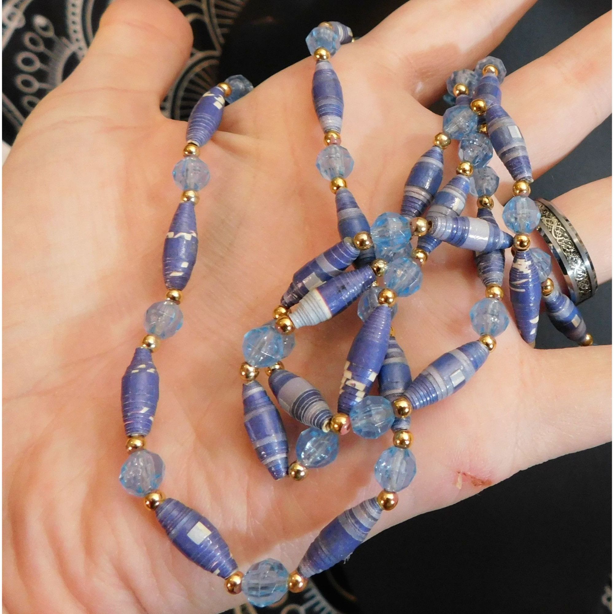 Handmade Handmade Blue Paper Wrap Bead Necklace With Gold Tone Accent Size ONE SIZE - 2 Thumbnail
