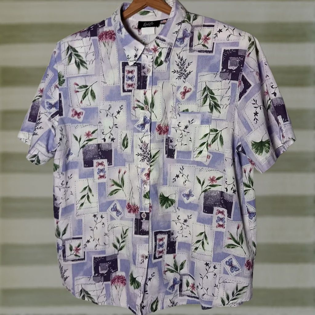 CO Top & Co Blouse XL Purple Lavender Floral Butterfly Nature Shirt Vintage WS19 Size XL / US 12-14 / IT 48-50 - 1 Thumbnail