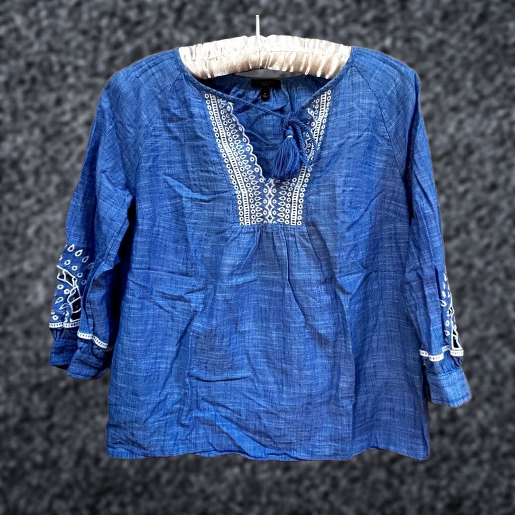 Talbots Talbots Petite Blue White Embroidered Tassel Tie Top Blouse 3/4 Sleeve Women Size S / US 4 / IT 40 - 1 Thumbnail