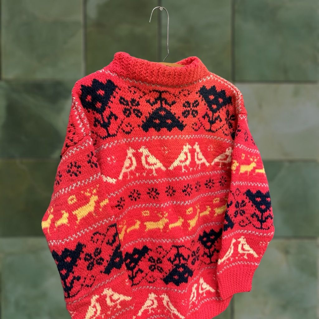 Vintage VINTAGE 60’s Hand Knit Women's Wool Sweater Size L Red Knit Sweater Women Large 60s Graphic Size L / US 10 / IT 46 - 1 Thumbnail