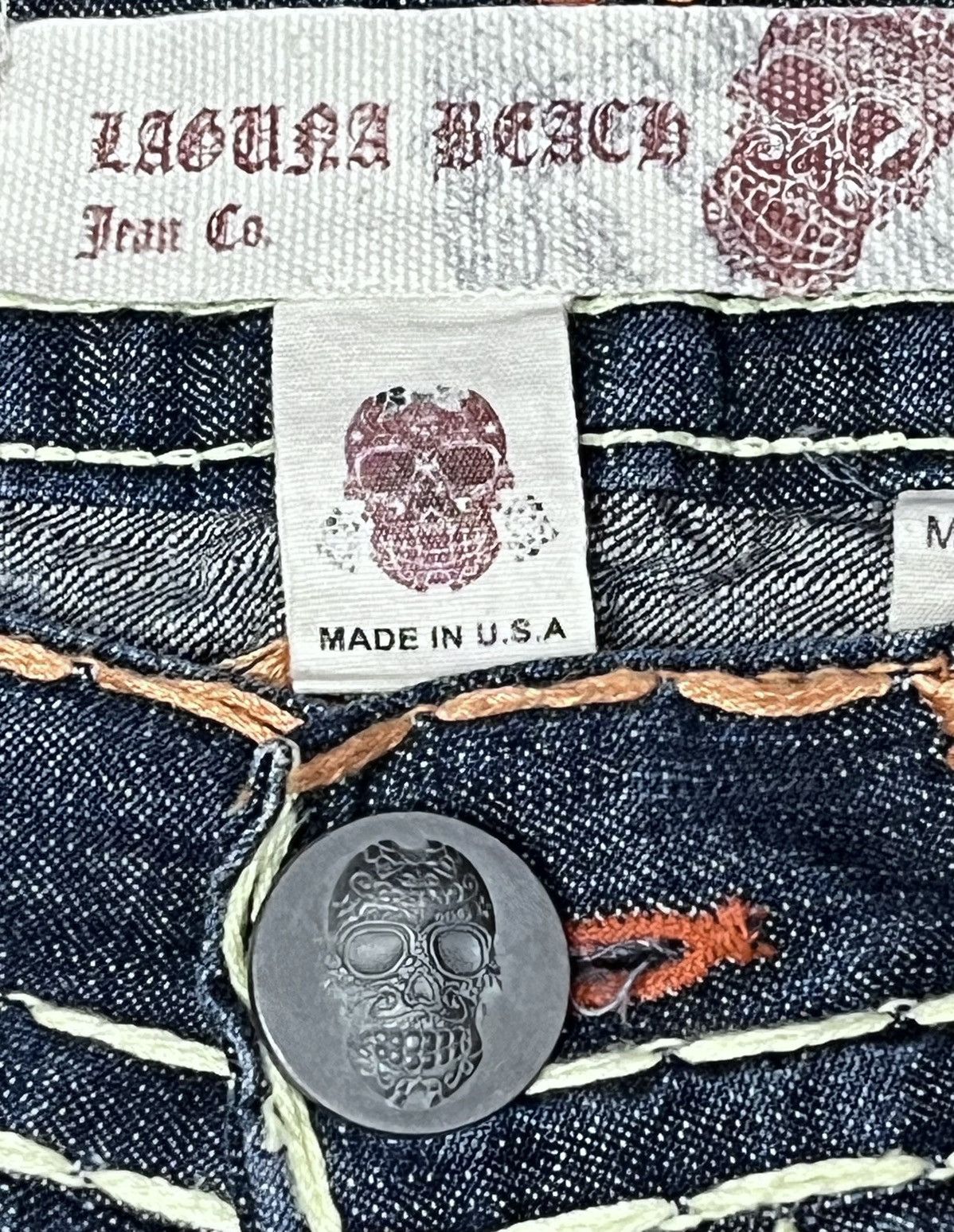 Vintage LAGUNA BEACH Big Stitch Gemstone Studded Skull Button Denim Size US 35 - 20 Thumbnail