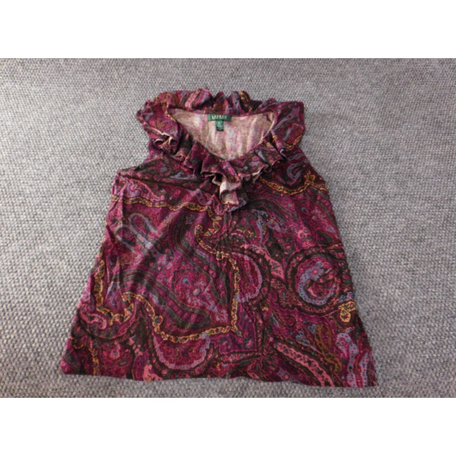 Ralph Lauren Lauren Ralph Lauren Blouse 1X Women Purple Paisley Knit V-Neck Pullover Ruffle Short Sleeveless Casual COTTON Knit Dressy Basic Size XL / US 12-14 / IT 48-50 - 2 Thumbnail