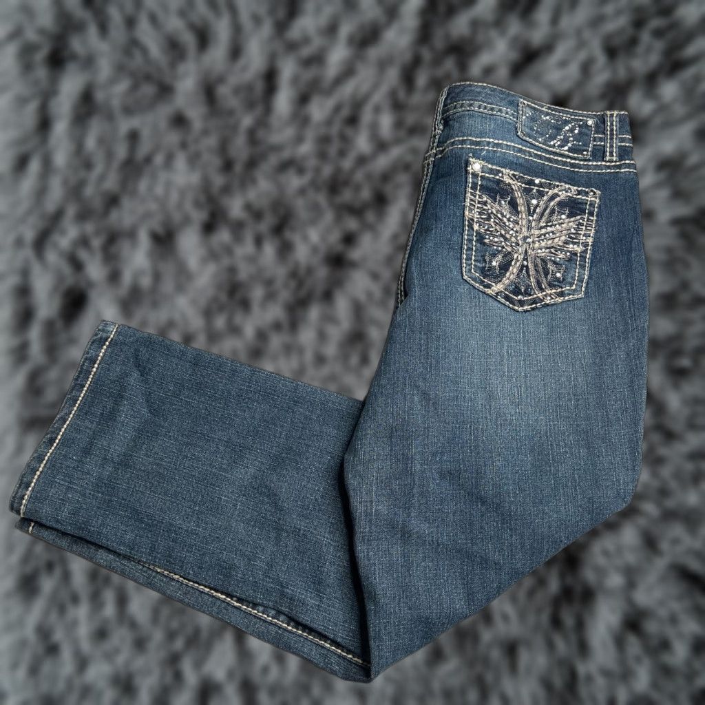 Vintage Code Bleu Jeans Marielle Slim Straight Women’s 14 / 31 Blue Rhinestone Embellishments Denim Straight Jeans Size 36" / US 14 / IT 50 - 1 Thumbnail