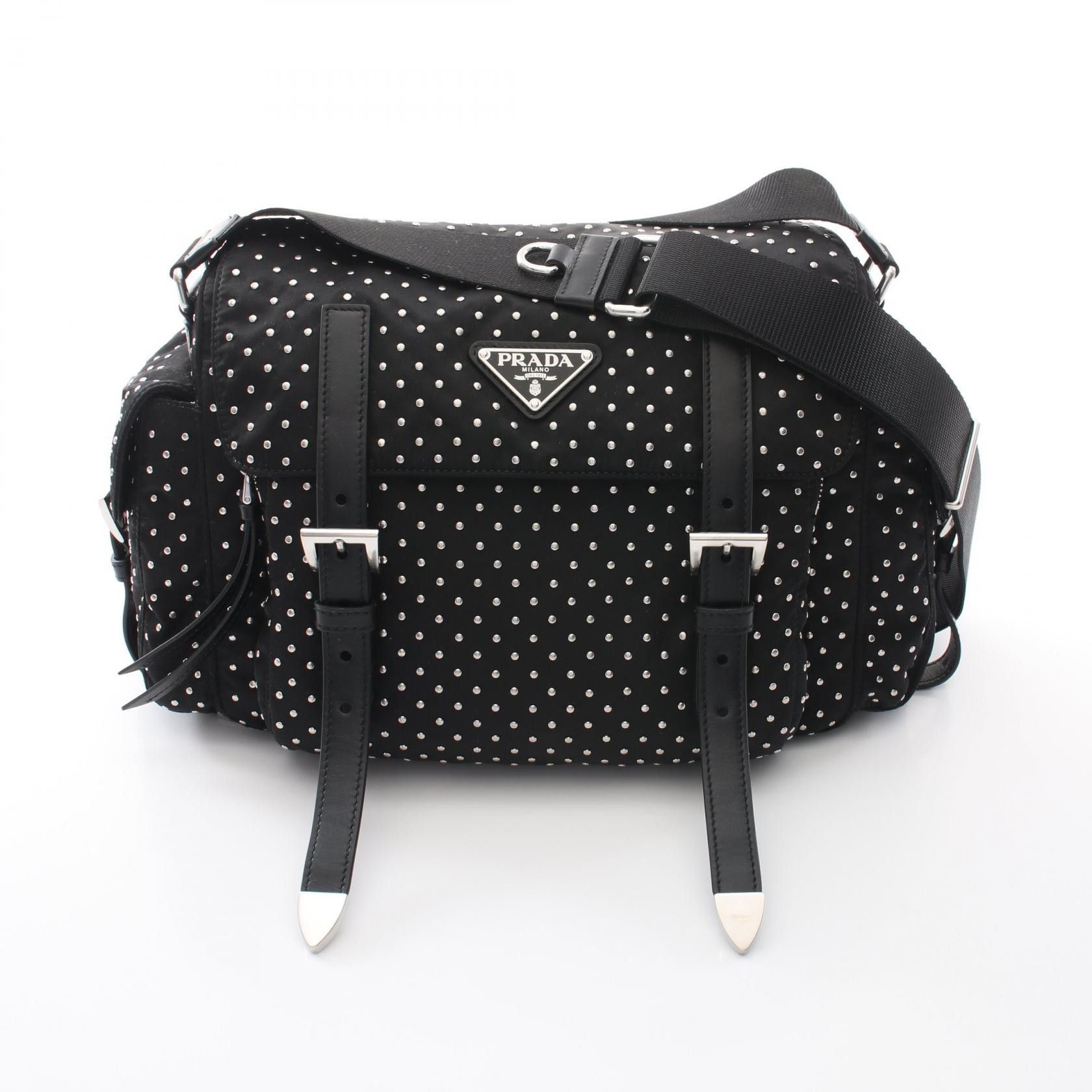 Prada Prada Studs Nylon Leather Shoulder Bag Leather Shoulder Bag 1Bd1182Hgvf0002 in Black, Women's