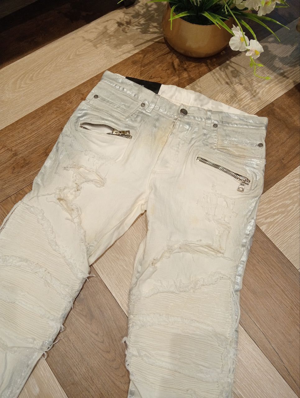Balmain Balmain Paris Slim Metallic White Biker Jeans Size US 29 - 3 Thumbnail