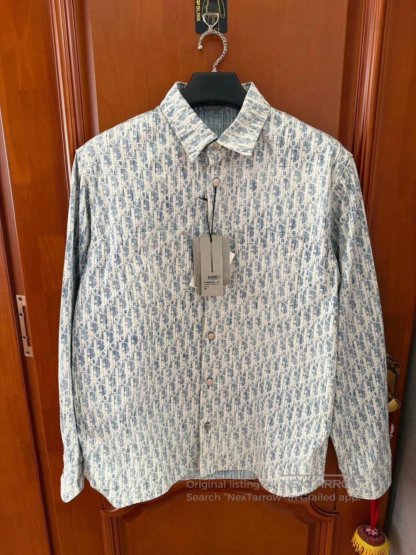 dior blue and white logo denim shirt.