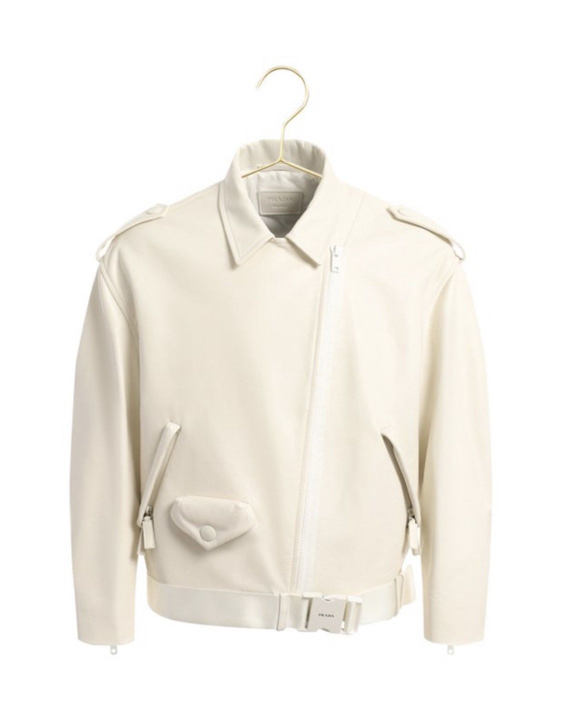 image of Prada Leather Biker Asymmetric Zip-Up Logo Detail Jacket in White, Men's (Size Small)