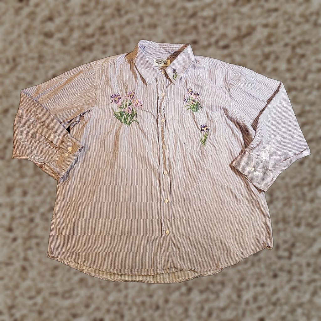 Vintage Country Store Top Womens 2X Purple Striped Floral Embroidery Button Casual Shirt Size XXL / US 16-18 / IT 52-54 - 1 Thumbnail