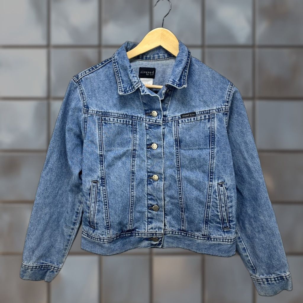 Lee VINTAGE Lee Riveted Denim Jacket Womens M Blue Biker Jacket Womens Medium Denim 90s Mens? Size M / US 6-8 / IT 42-44 - 1 Thumbnail