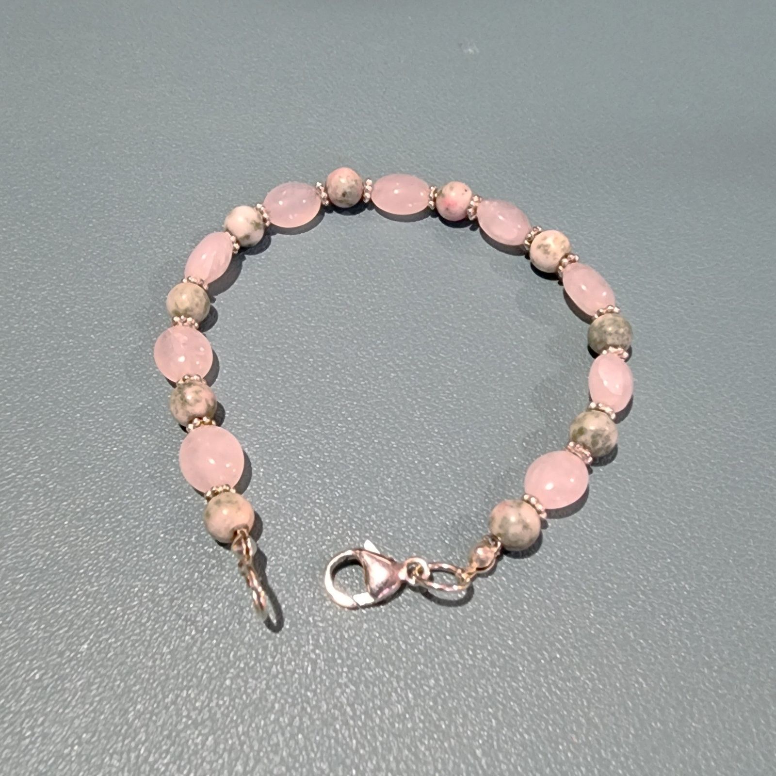 Vintage Sterling Silver Polished Rose Quartz Unakite Beaded Bracelet Size ONE SIZE - 4 Thumbnail