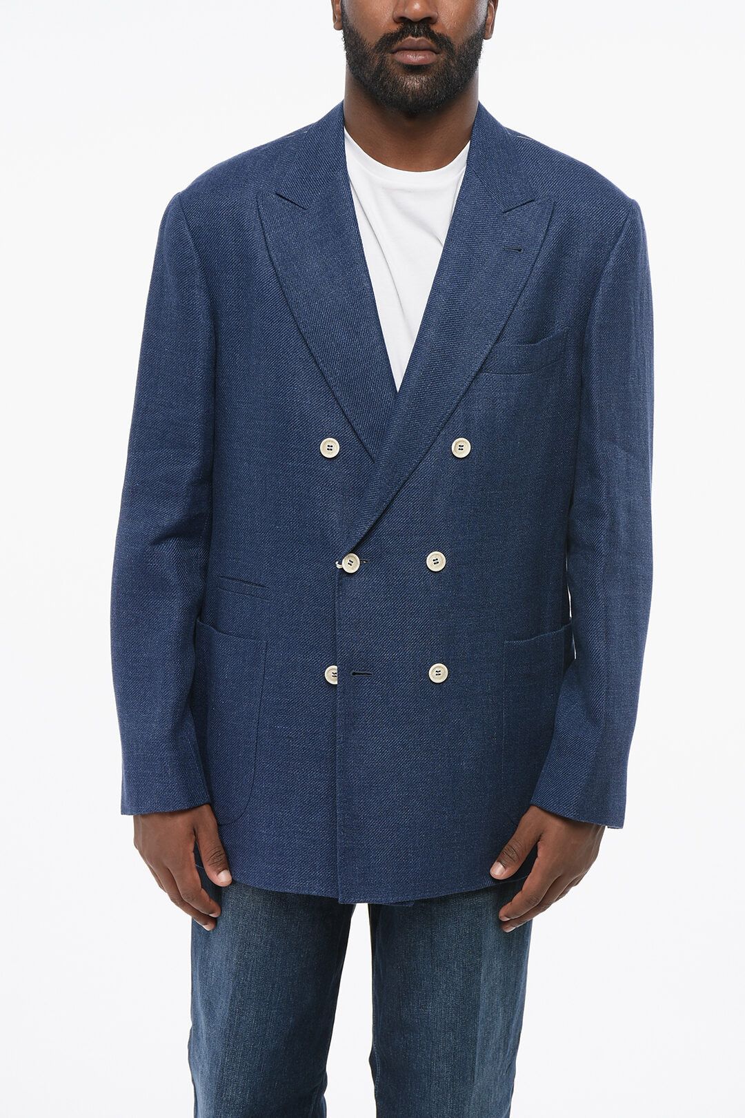 Brunello Cucinelli og1mm0725 Twill Linen Blend Double-breasted Blazer in Blue Size US XL / EU 56 / 4 - 1 Thumbnail