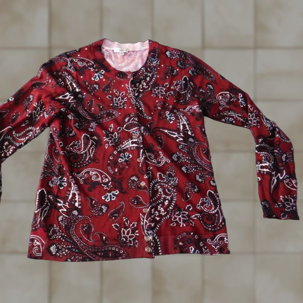 Croft & Barrow Croft & Barrow Womens Sweater Cardigan Regular M Red Floral Knit Casual Stretch Button Crew Neck Long Sleeve Raglan Nylon Rayon Size M / US 6-8 / IT 42-44 - 1 Thumbnail