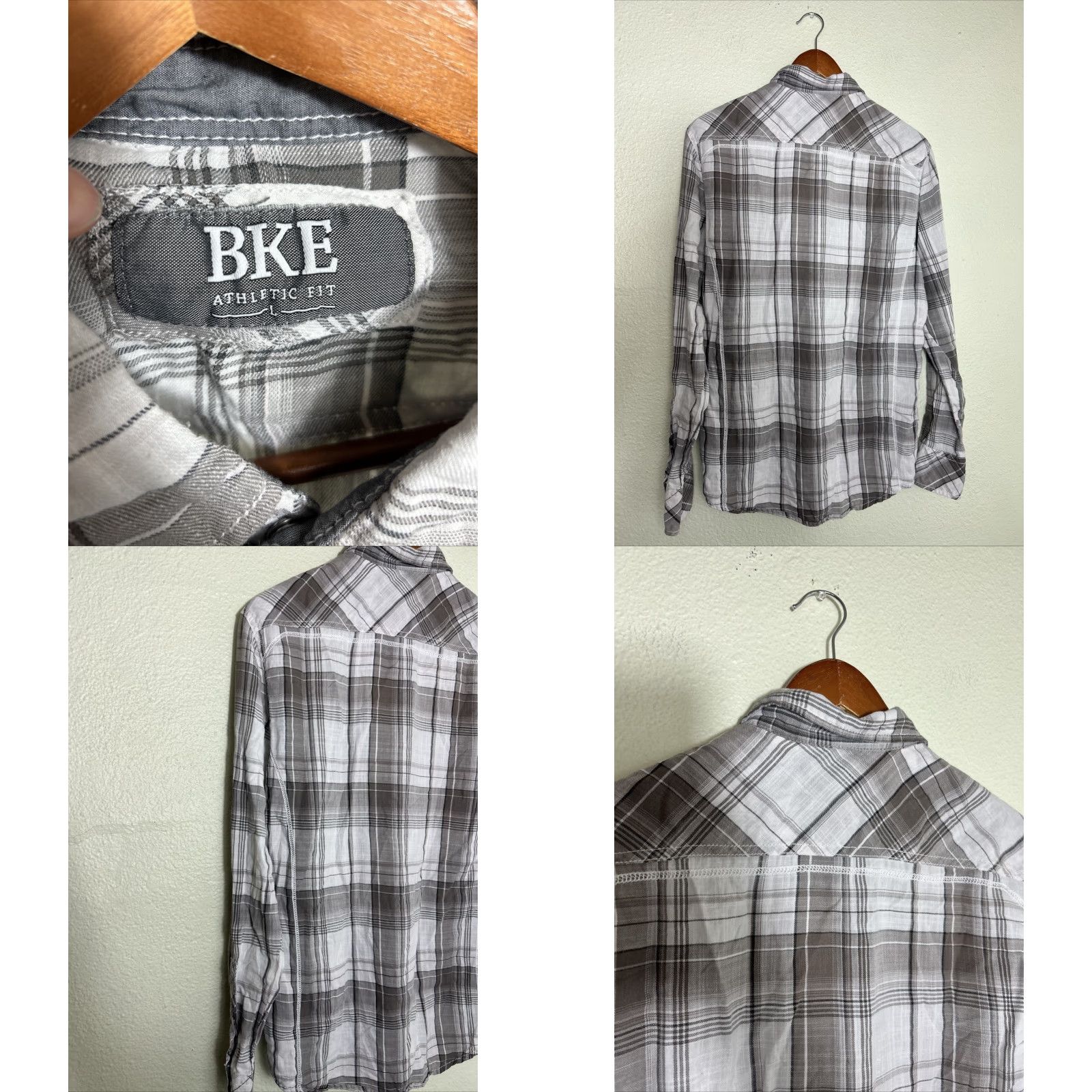 Vintage BKE Mens Long Sleeve Athletic Fit Plaid Pearl Snap Shirt Gray L Size US L / EU 52-54 / 3 - 8 Thumbnail