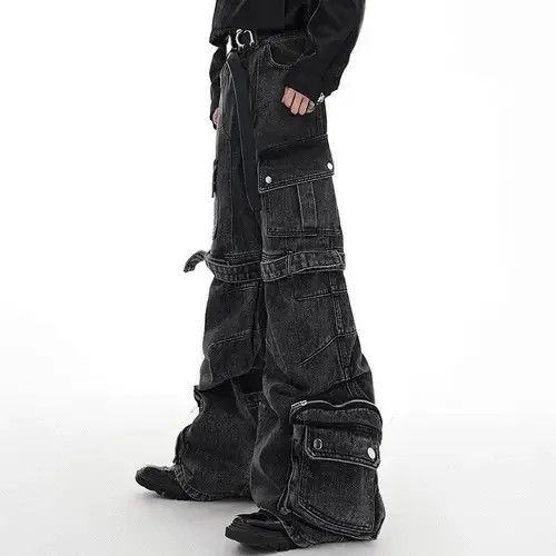 Japanese Brand Washed Multi Pocket Strap Wide Leg Denim Pant Size US 29 - 5 Thumbnail