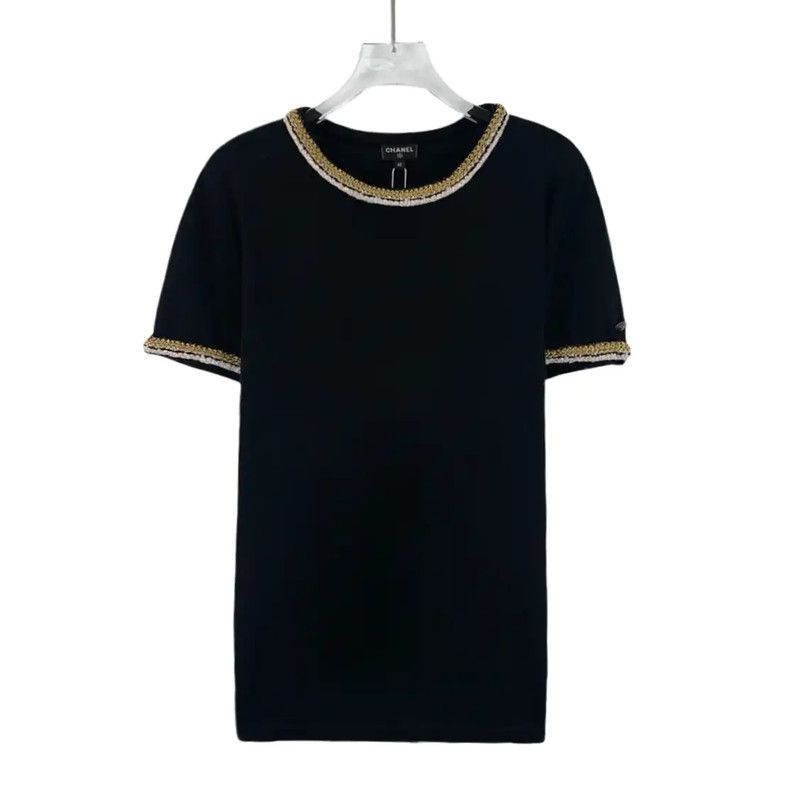 Chanel Chanel Black Cotton T-Shirt with Gold Trim 0089 Size M / US 6-8 / IT 42-44 - 1 Thumbnail