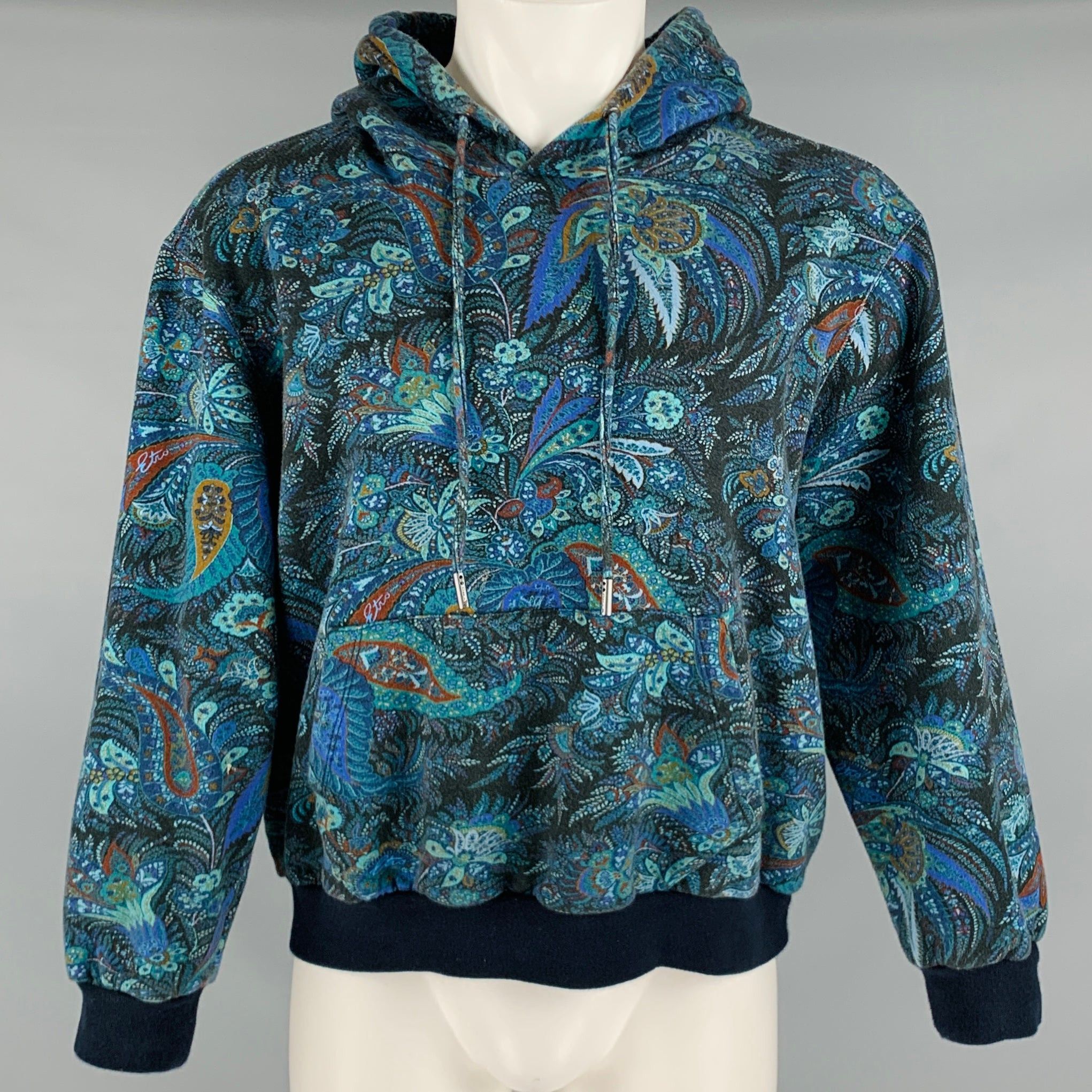 image of Etro Navy Black Paisley Cotton Hooded Sweatshirt, Men's (Size Small)