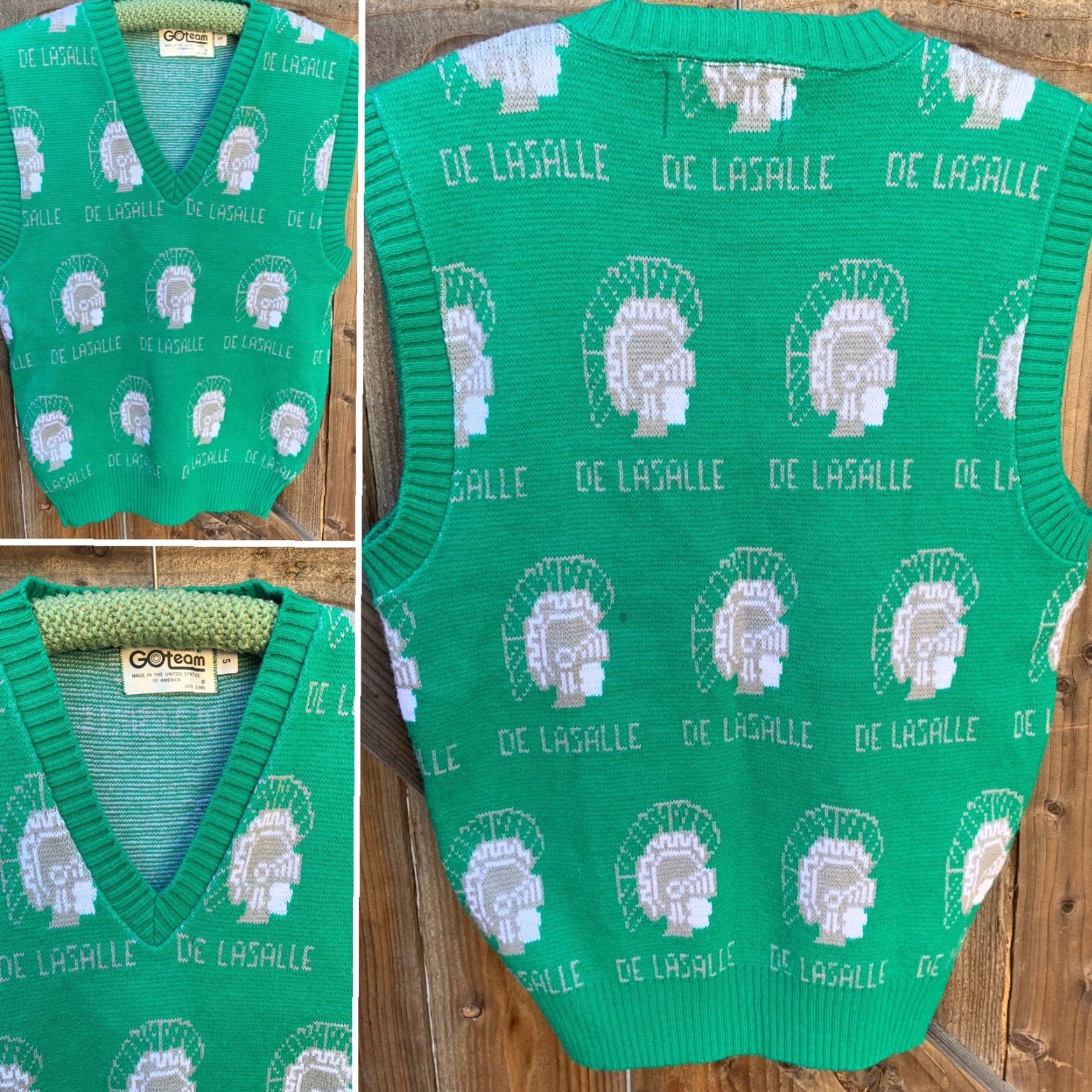 Vintage VINTAGE GOteam De La Salle All Over Print Sweater Vest Sleeveless V Neck 80s Green S Mens Size US S / EU 44-46 / 1 - 5 Thumbnail