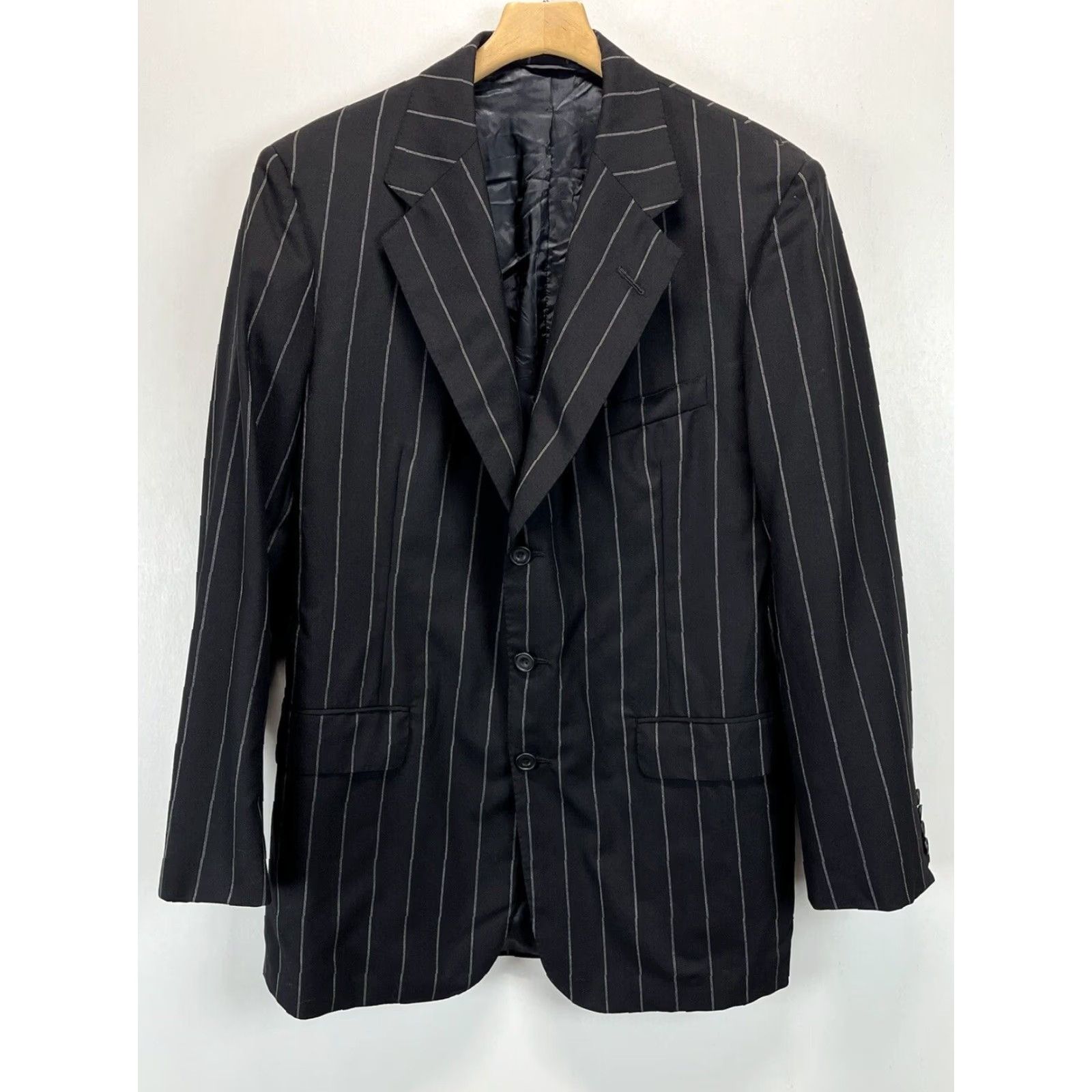 Vintage VINTAGE Edgar Pomeroy Suit 2 Piece 42L Black Pinstripe USA Mens *Flaw* Size 42R - 2 Thumbnail