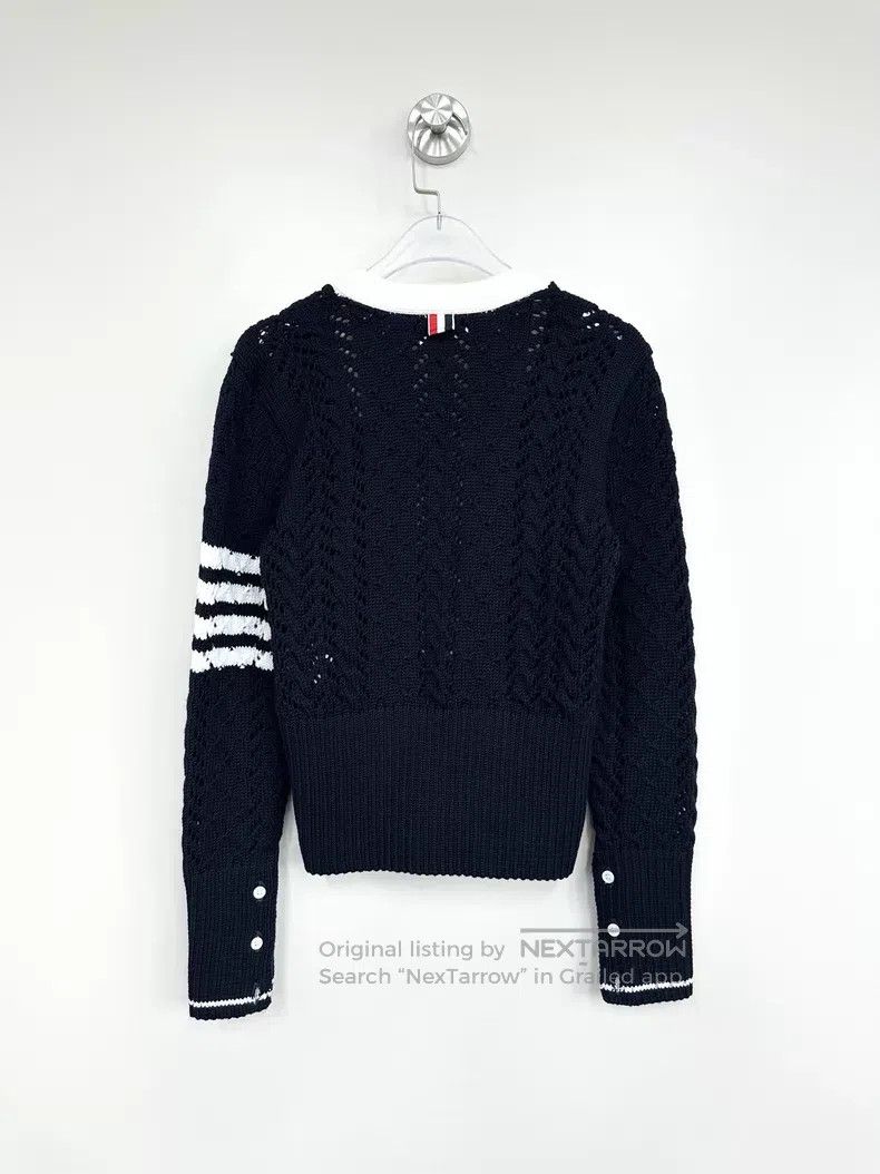 Thom Browne Thom Browne Black Classic Four-stripe Open-knit Wool Cardi Size US XXS / EU 40 - 2 Thumbnail
