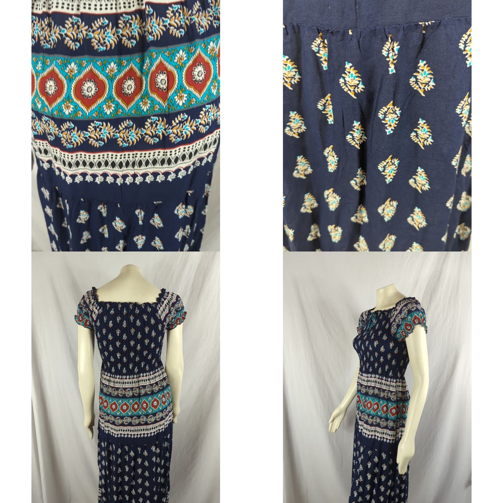 Vintage Kindred Anthropologie Maxi Dress Navy Blue S Short Sleeve Square Neck Smocked Bodice Ruffle Beach Flower Peasant Size S / US 4 / IT 40 - 8 Thumbnail