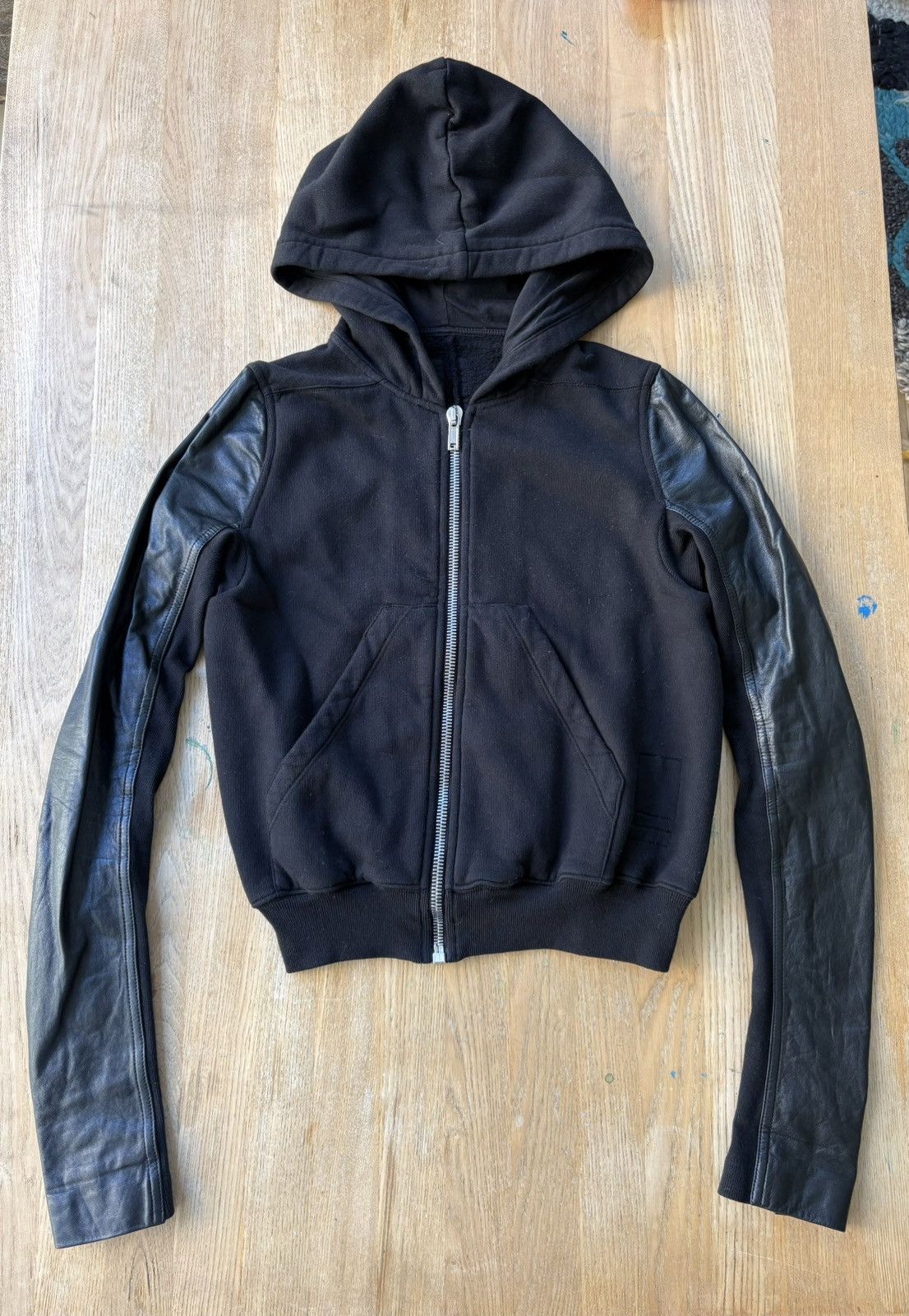 Rick Owens Cropped Zip Hoodie Leather Sleeves Black Size S