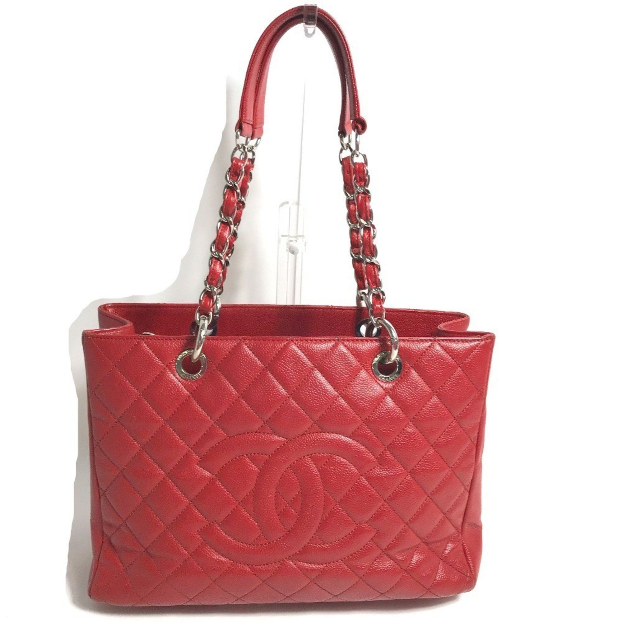 CHANEL A50995 CC Coco Mark Matelasse Quilted Chain GST Shoulder Bag Tote in Caviar Leather Red
