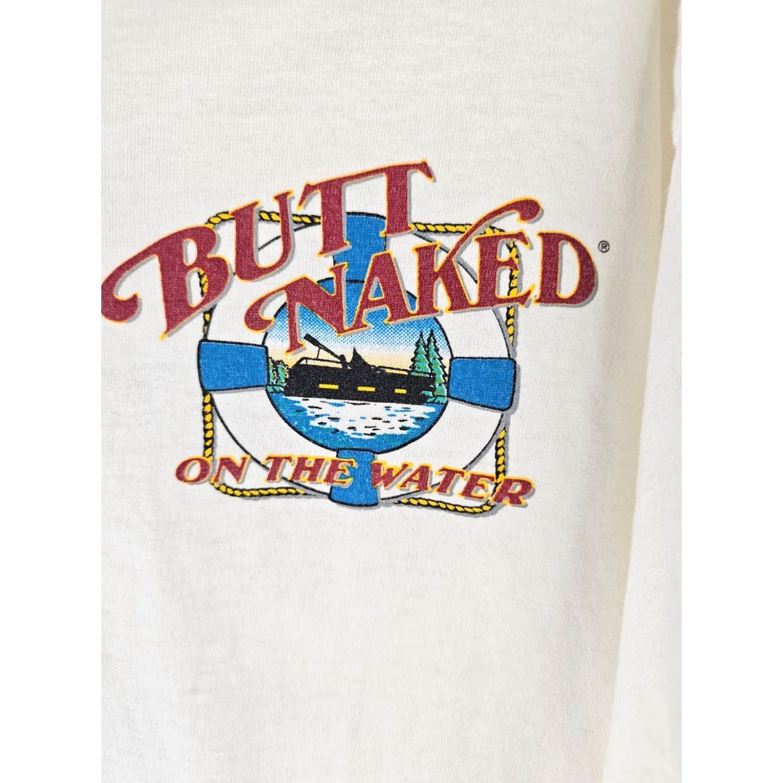 Vintage VINTAGE 90s BUTT NAKED ON THE WATER T-SHIRT White Cotton Single Stitch SZ XXL Mens Size US XXL / EU 58 / 5 - 3 Thumbnail