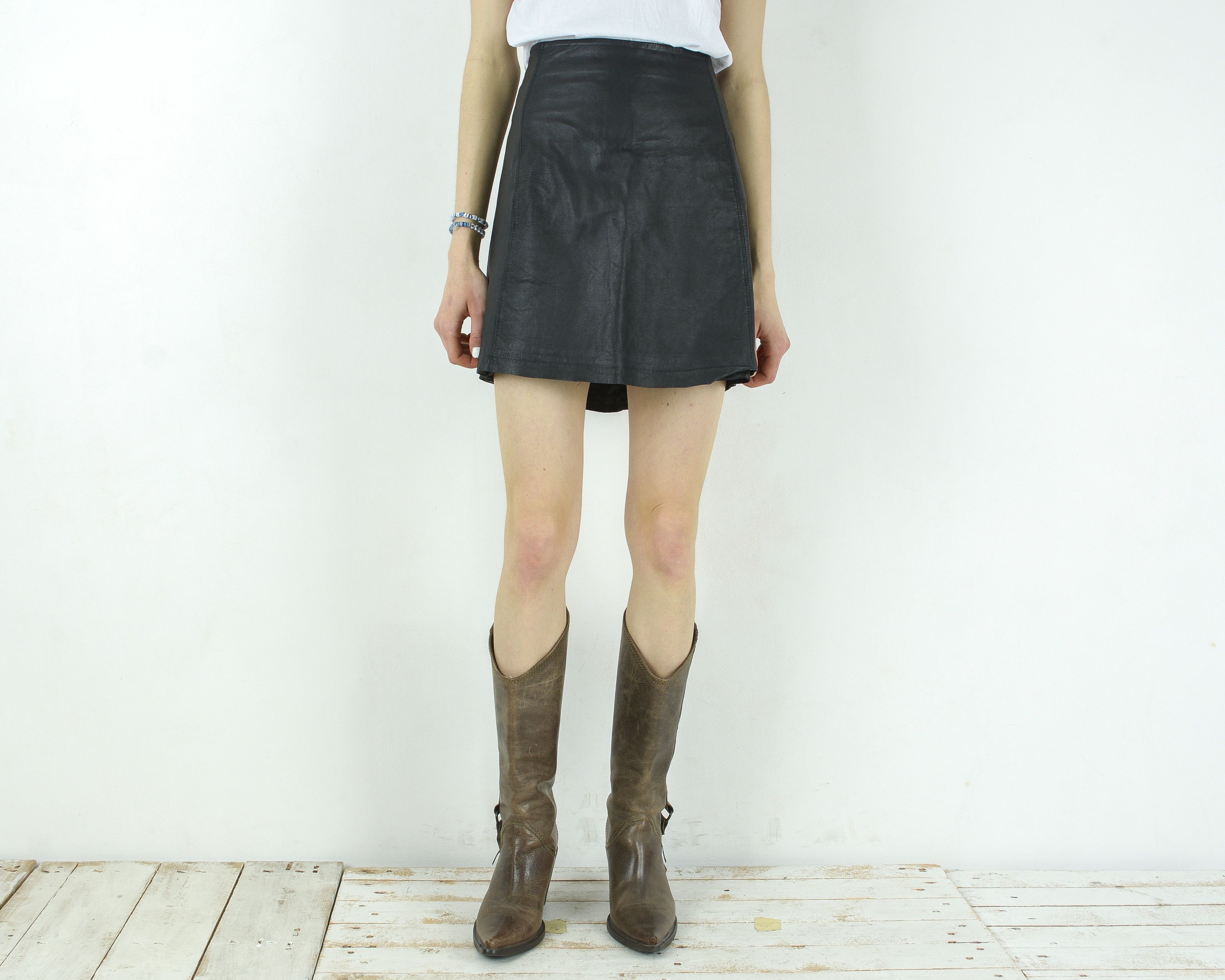 Genuine Leather × Vintage COSTES Genuine Leather Mini Skirt High Waist Black Rocker Size 31" - 2 Thumbnail