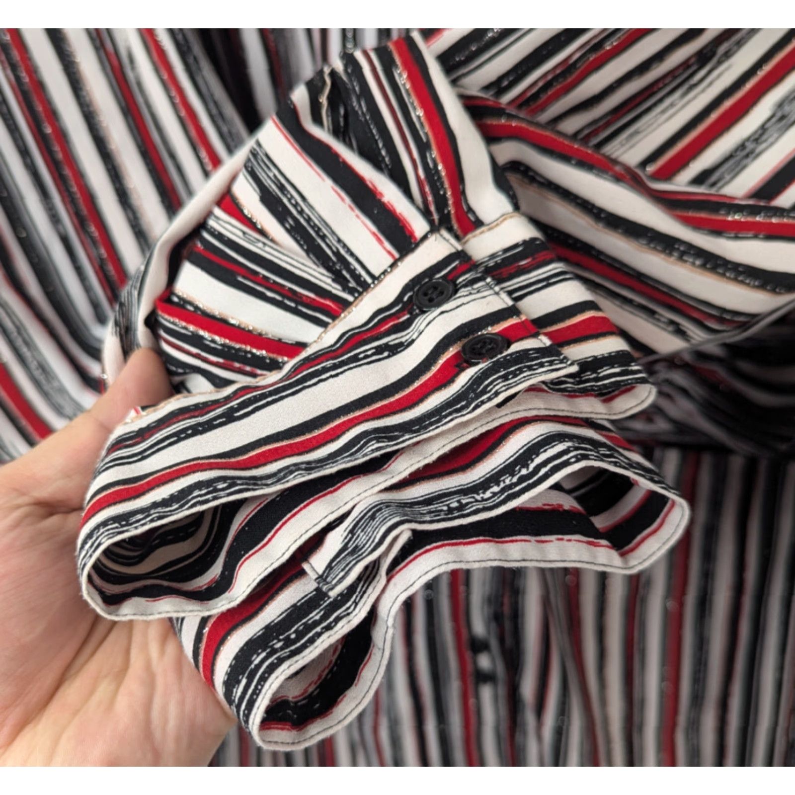 Vintage Maggie Barnes Shirt 2X Womens Red Stripe Button Front Stretch V-Neck Long Sleeve Casual Size XXL / US 16-18 / IT 52-54 - 3 Thumbnail