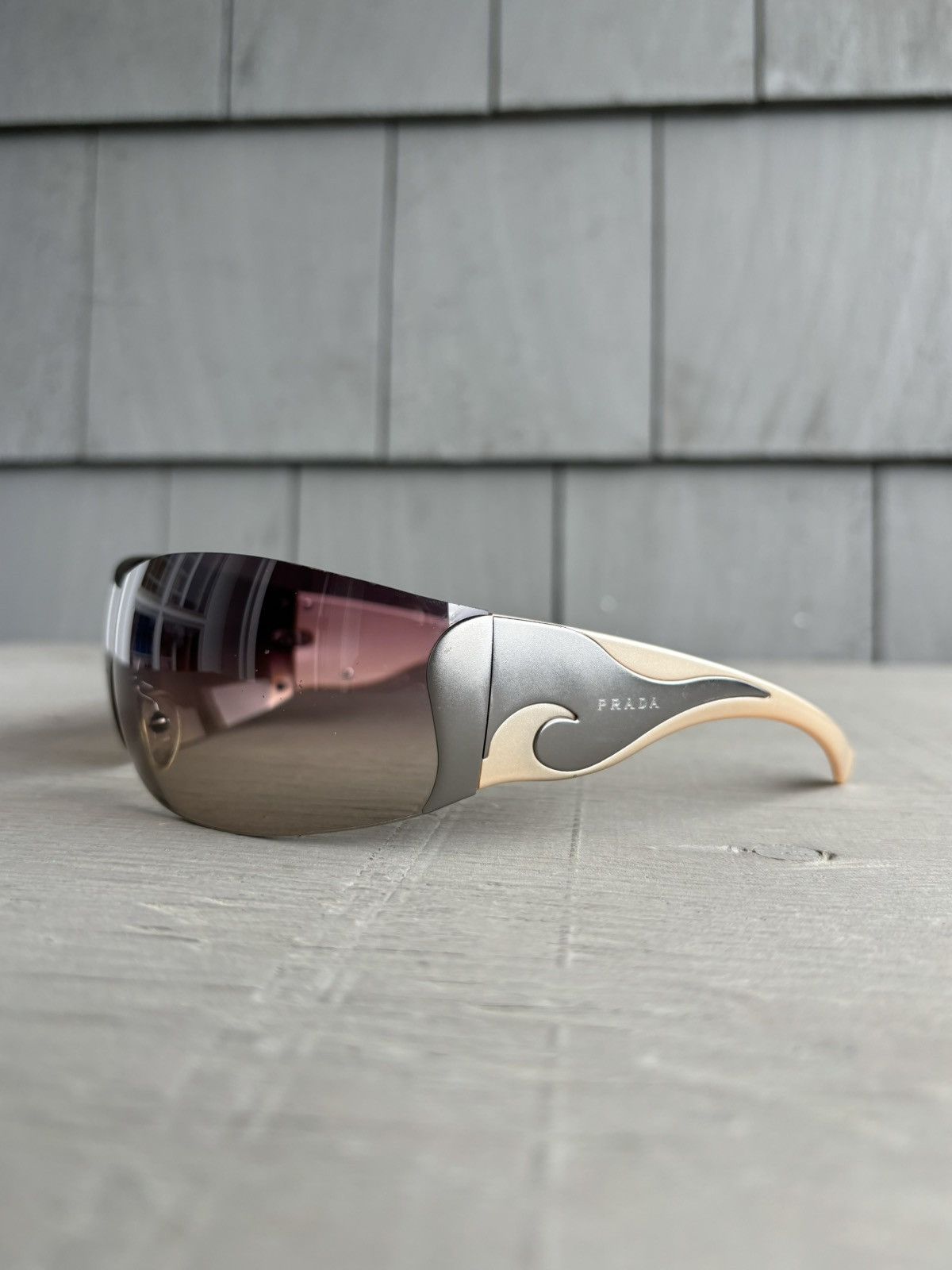 Designer Prada Vintage 2000s Prada Sunglasses Chrome Wave SPR 58F Rimless Shield Grailed