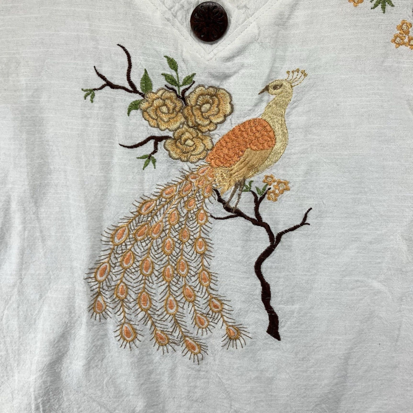 Vintage Pha Thai Shirt Women's Cotton White V-Neck Embroidered Golden Roses Peacock Casual Short Sleeve L Relaxed Regular Size Large Size L / US 10 / IT 46 - 3 Thumbnail