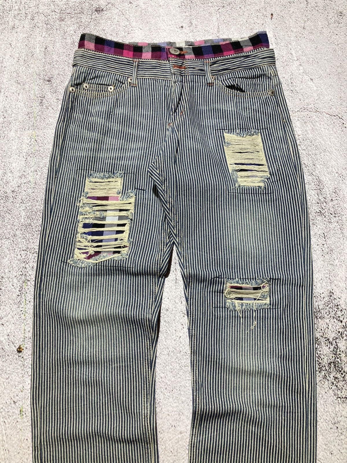 Japanese Brand 2000s Japanese Brand Double Waist Ripped Striped Pants Size US 29 - 2 Thumbnail