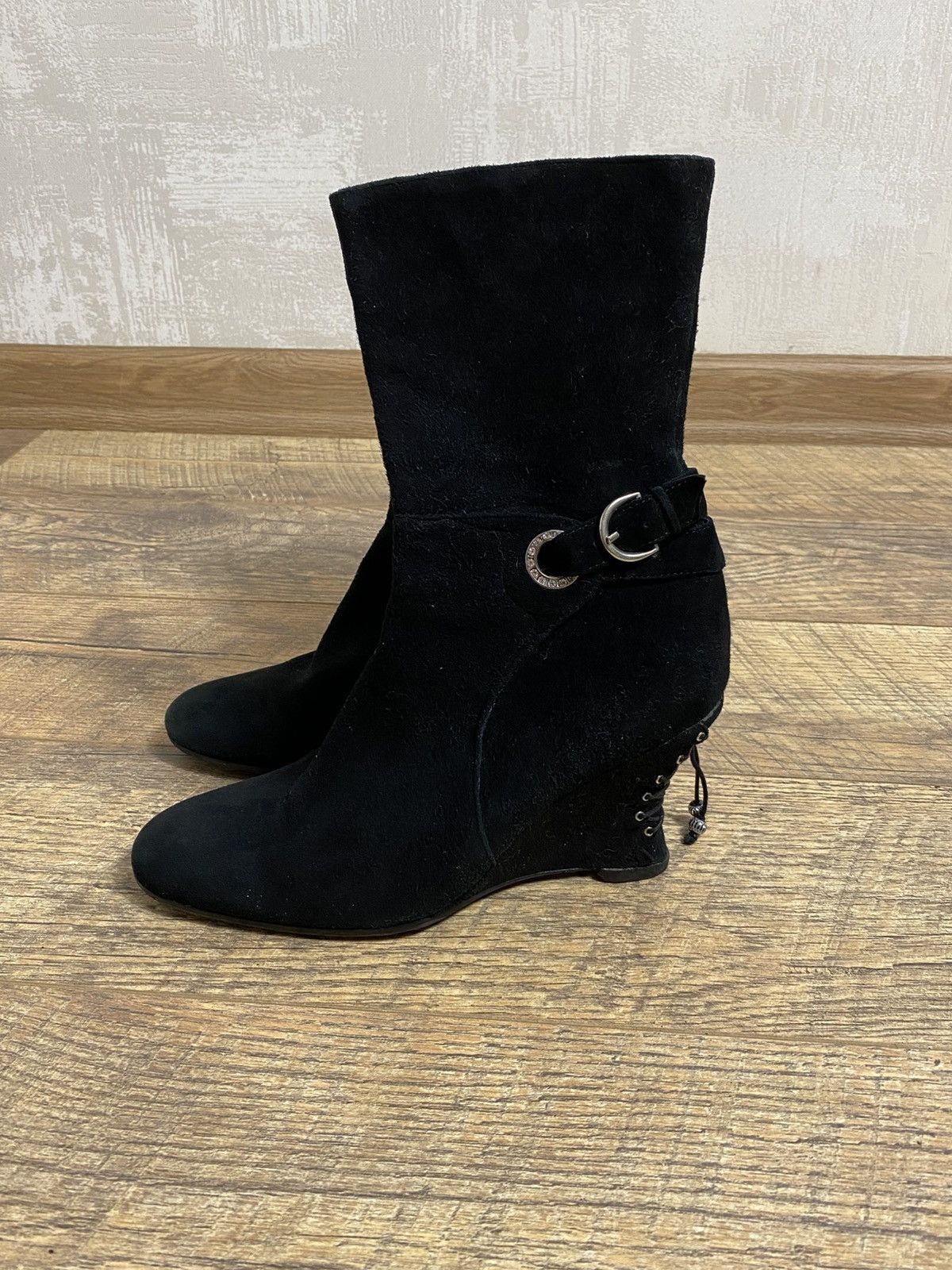 Japanese Brand Rare Y2K Avant Garde Laced Suede Wedge Boots Size US 8 / IT 38 - 3 Thumbnail