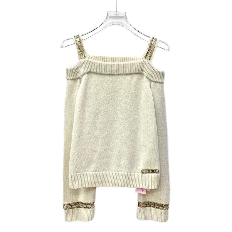 Chanel Chanel Beige off-the-shoulder track chain cashmere knitted Size XXS / US 00 / IT 34 - 1 Thumbnail